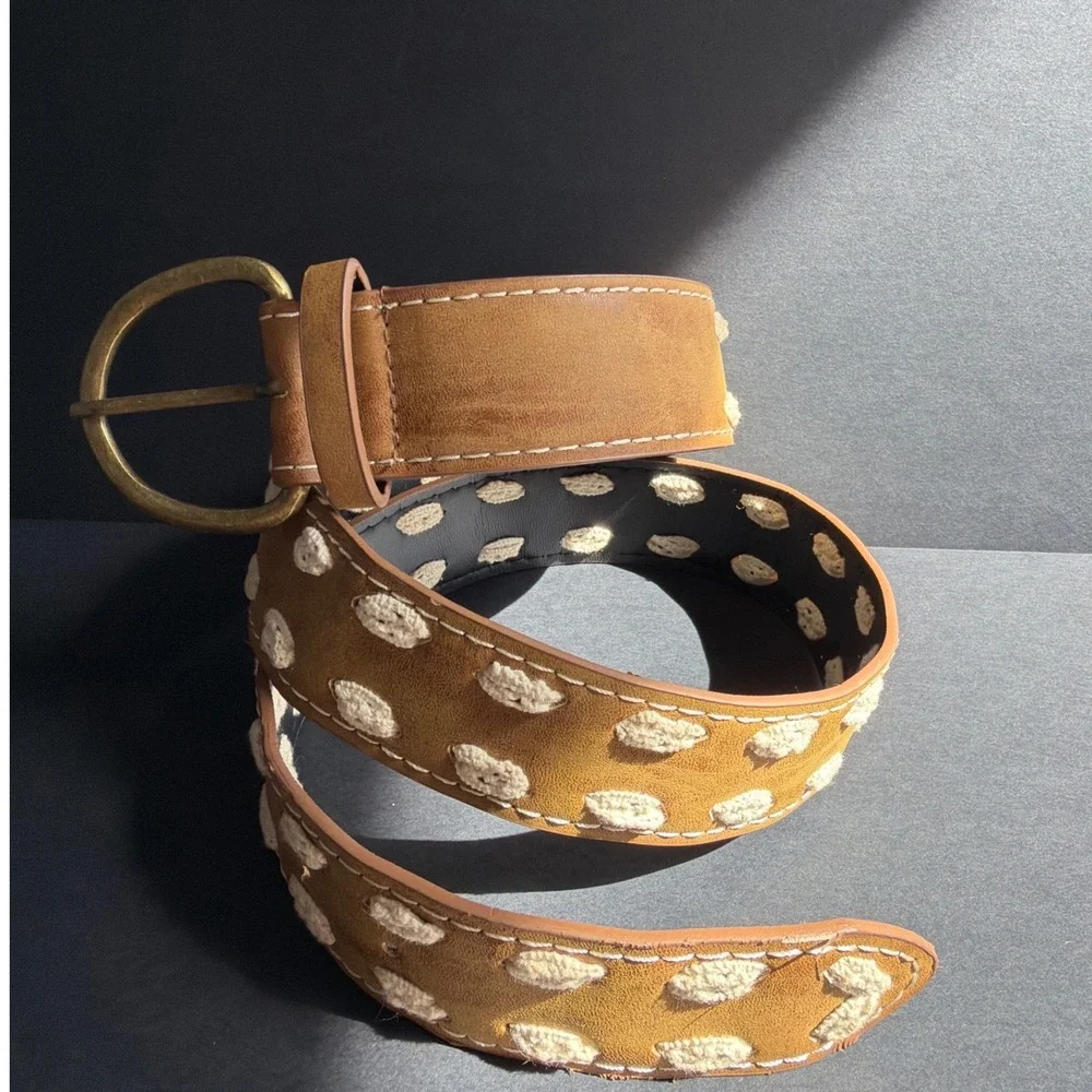 Boho Tan Faux Leather Crochet Polka Dot Wide Belt Brass Buckle Brown Cream